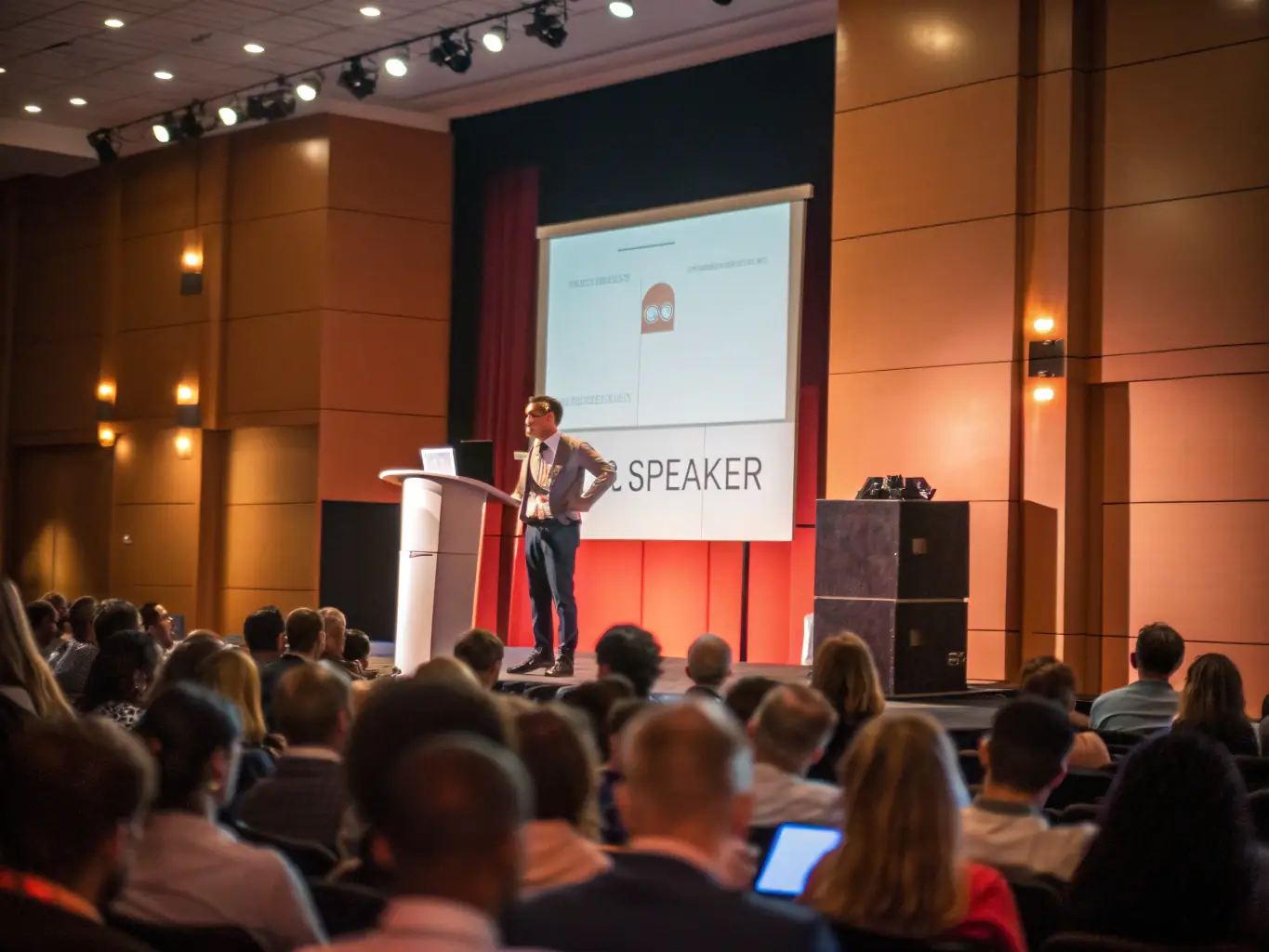 A photograph capturing a keynote speaker passionately addressing a large audience at the UK Sustainability Summit, emphasizing their engagement and the importance of the event.