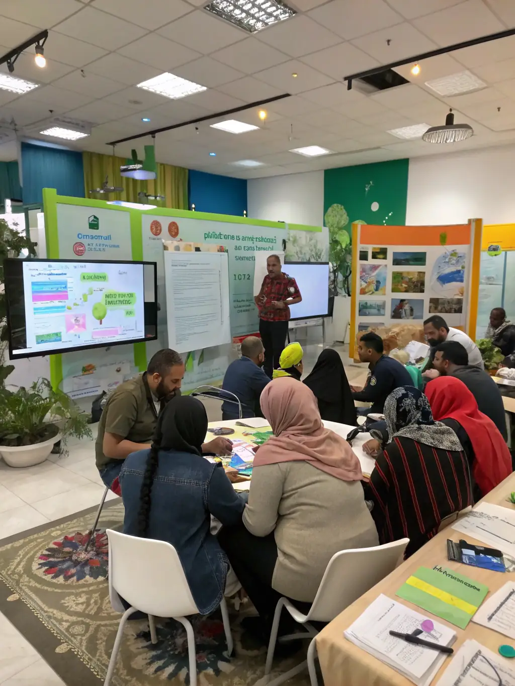 A workshop session at SustainSummitUK, with attendees actively participating in a hands-on activity related to sustainable practices, led by an expert facilitator.