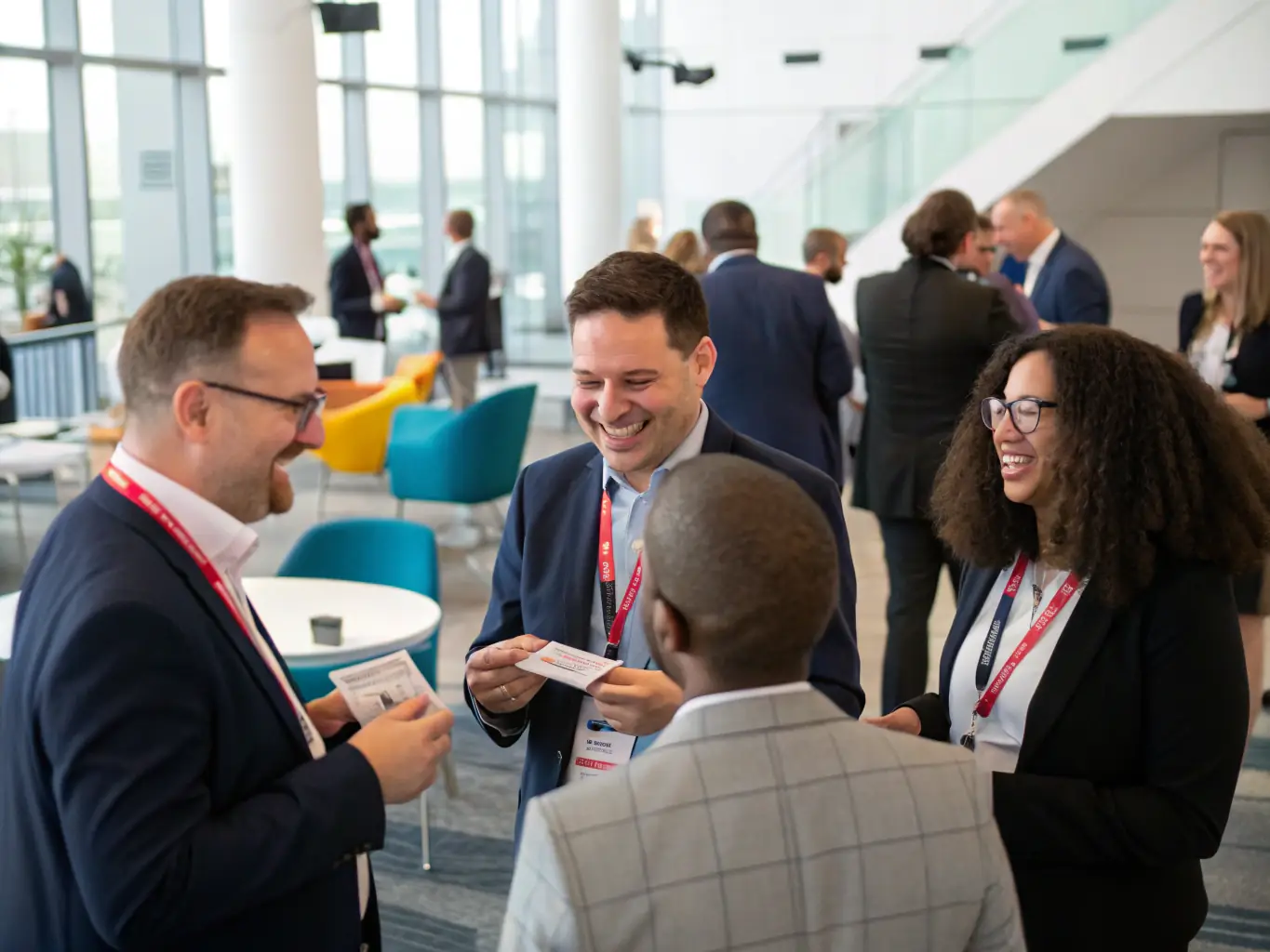 A photograph of a networking event at a sustainability conference, showing attendees connecting and exchanging ideas in a relaxed setting.