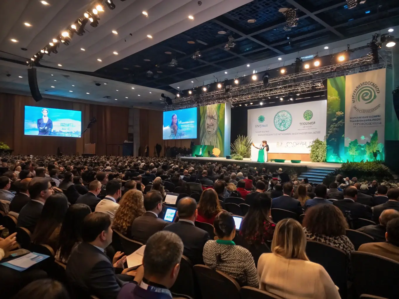 A photograph of a keynote speaker presenting on stage at a sustainability conference, with a focus on audience engagement and the speaker's passionate delivery.