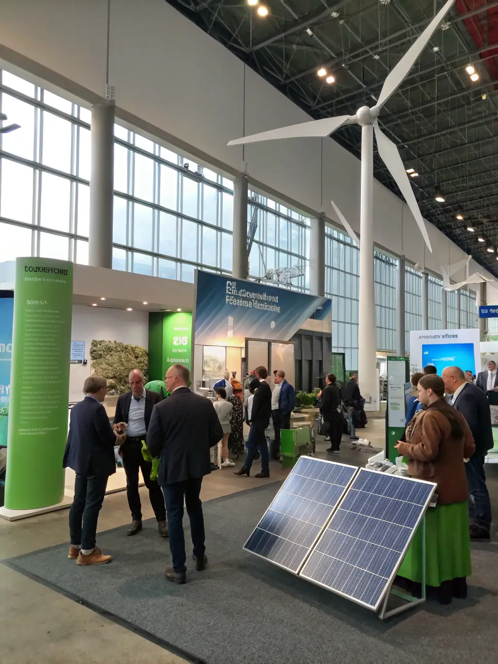 Attendees at SustainSummitUK viewing an exhibit showcasing cutting-edge sustainable technologies and solutions, with a focus on UK-specific innovations.
