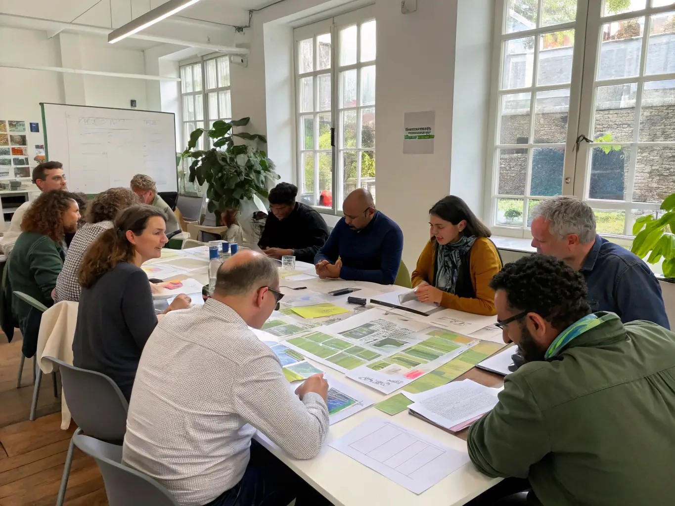 A photograph of attendees participating in a hands-on workshop at a sustainability summit, showcasing active learning and collaboration.