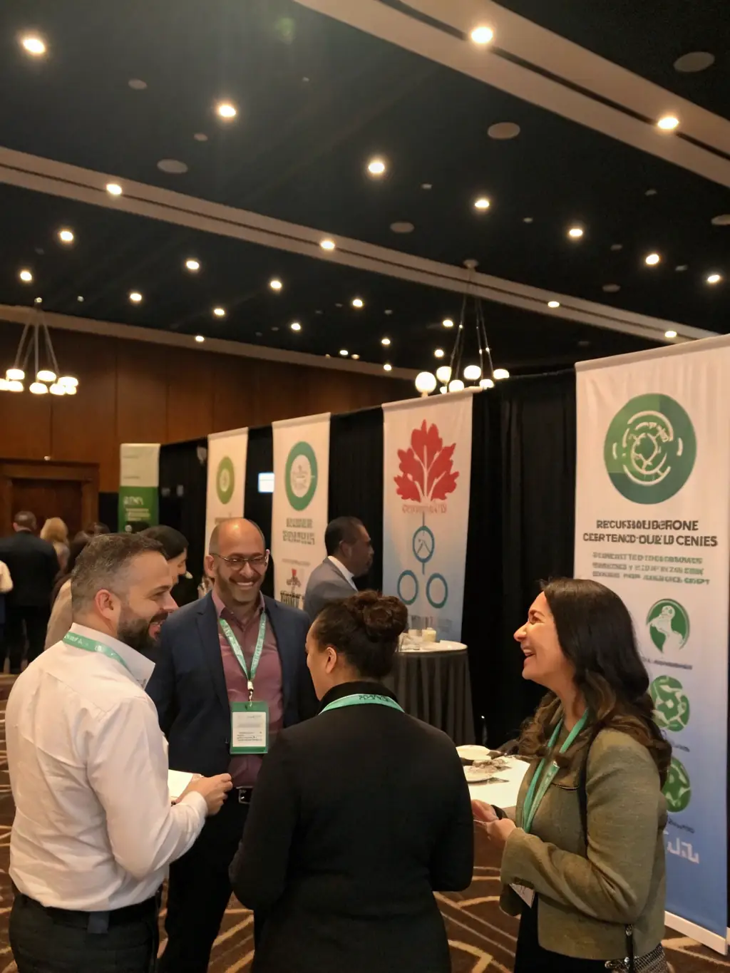 A diverse group of professionals networking at a SustainSummitUK event, exchanging business cards and engaging in conversation, set against a backdrop of sustainable exhibits and branding.